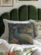 Elegant peacock woven pillow featuring detailed turquoise and teal peacock surrounded by vintage botanical florals in golden amber and bronze tones against navy background, expertly crafted from cotton-polyester blend with fine weaving technique, measuring 17x18 inches, USA-made double-sided throw pillow perfect for bohemian home decor, living rooms, or nature-inspired interior design seeking sophisticated artistic accent pieces